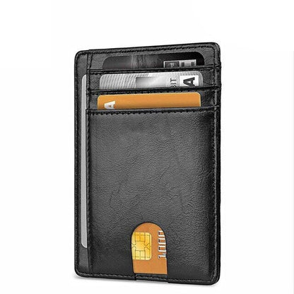 Black leather wallet with multiple card slots, holding credit cards and currency notes.