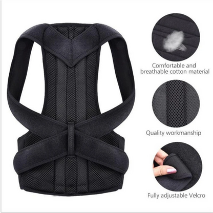 Black posture corrector with adjustable Velcro, breathable material, and quality stitching details.