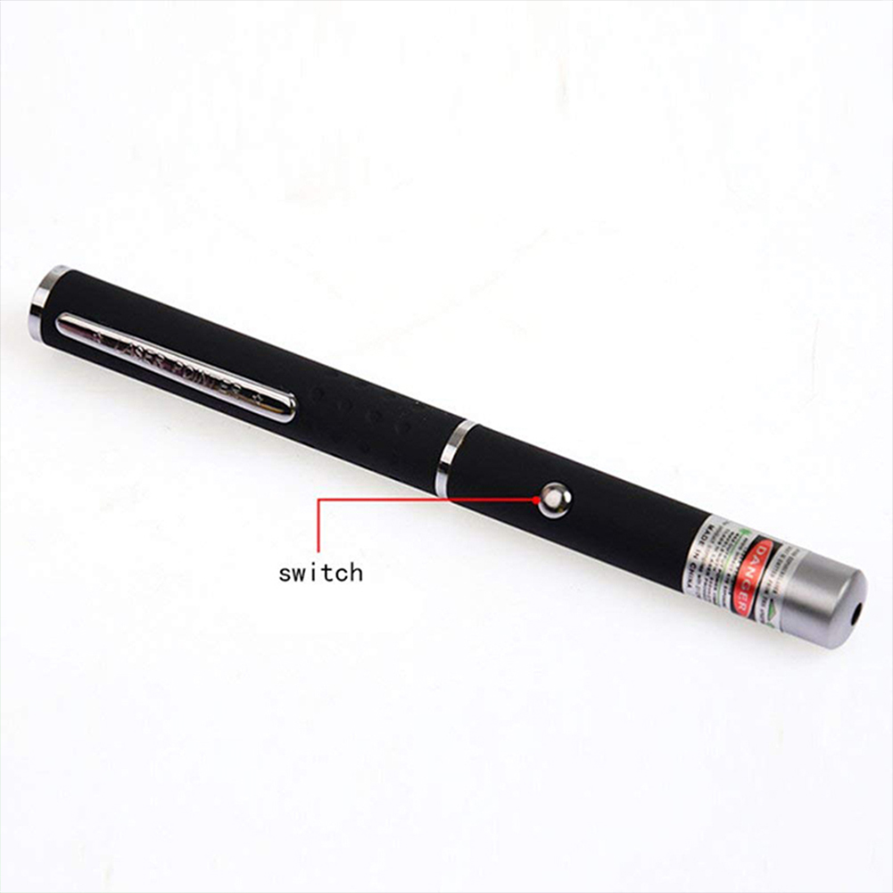 Black laser pointer with silver tip and switch, labeled "switch," on a white background.