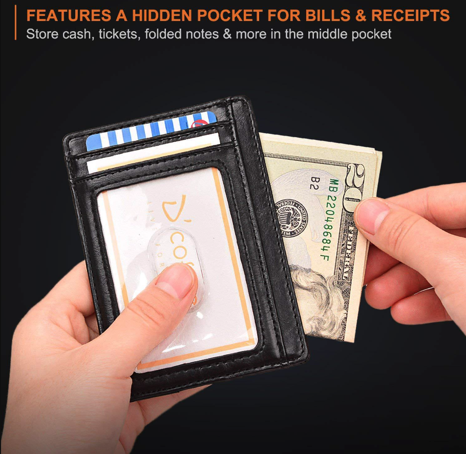 Hands hold a black wallet with a visible card slot and withdrawing cash from a hidden pocket.