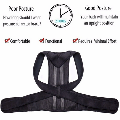 Black posture corrector brace with straps, featuring benefits and clock icon indicating 2 hours use.