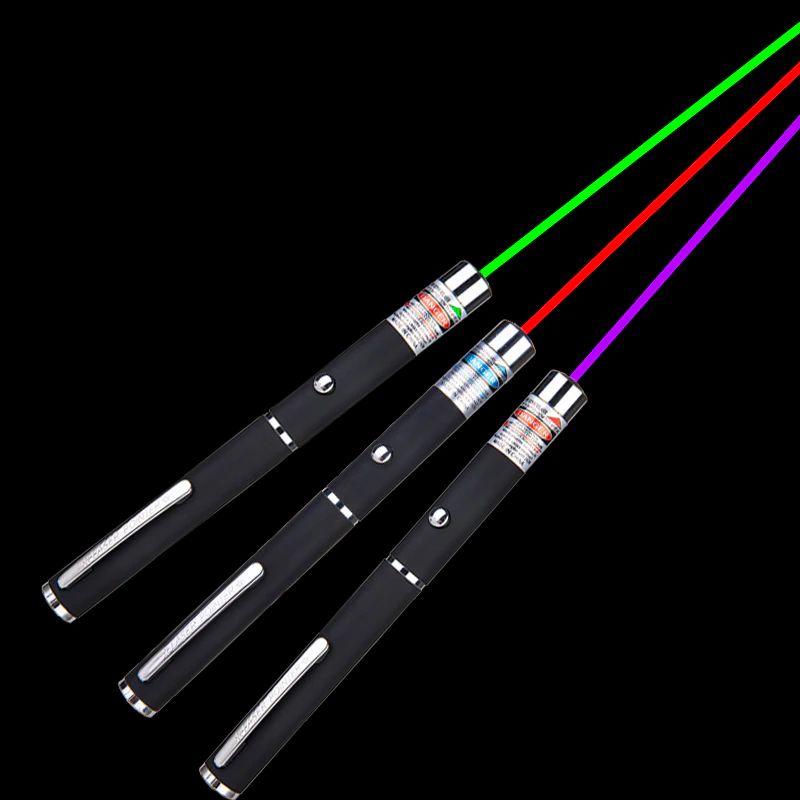 Three black laser pointers with green, red, and purple beams on a black background.