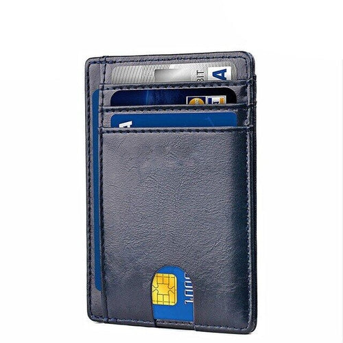 Sleek navy leather card holder with multiple slots, displaying various cards partially visible.