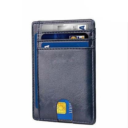 Sleek navy leather card holder with multiple slots, displaying various cards partially visible.