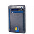 Sleek navy leather card holder with multiple slots, displaying various cards partially visible.