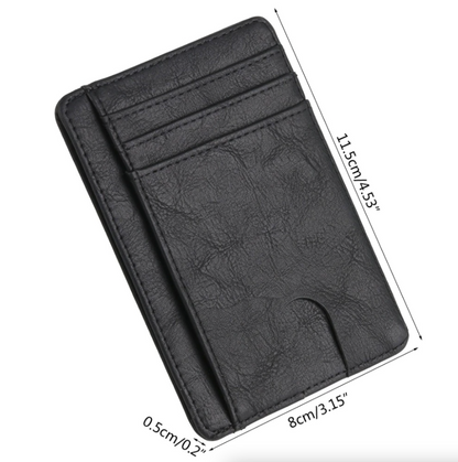 Black leather wallet with multiple card slots, measuring 11.5cm by 8cm.
