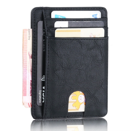 Black leather wallet with multiple cards and cash in slots; visible cartoon character on a card.