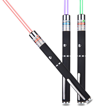 Three black laser pointers with red, purple, and green beams against a white background.
