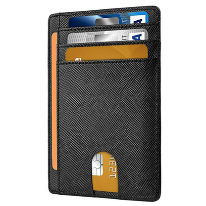 Black textured wallet with multiple card slots filled with credit cards and an orange accent.