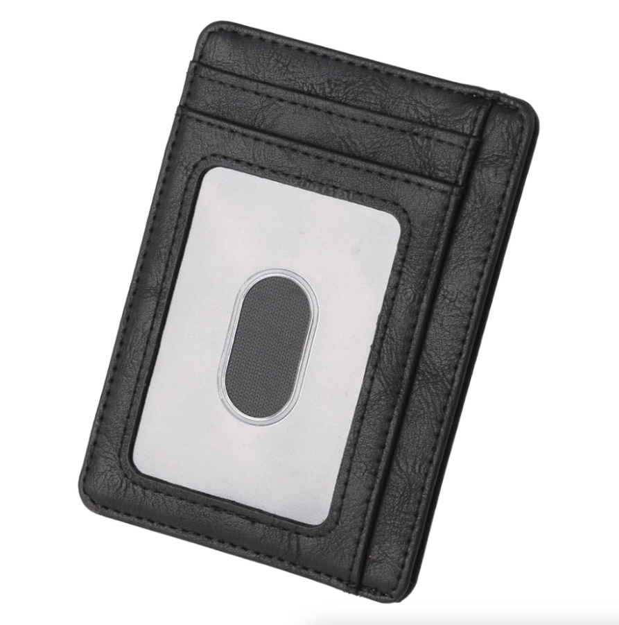 Black leather cardholder with multiple slots and a window for ID display.