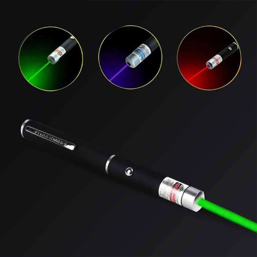 Black laser pointer with green beam; inset circles show green, purple, and red beams.