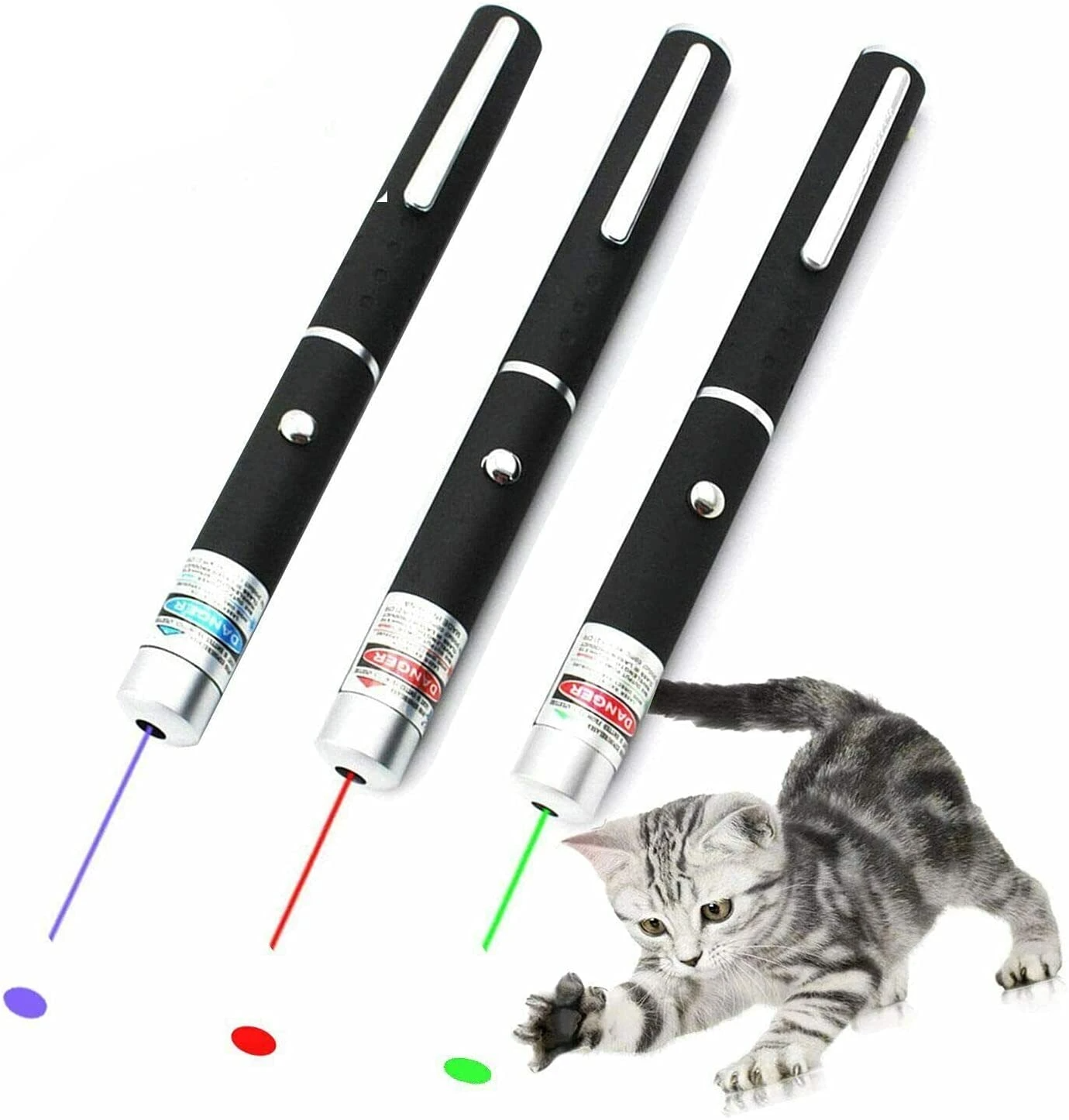 Three black laser pointers with colored beams (purple, red, green) and a playful gray kitten.