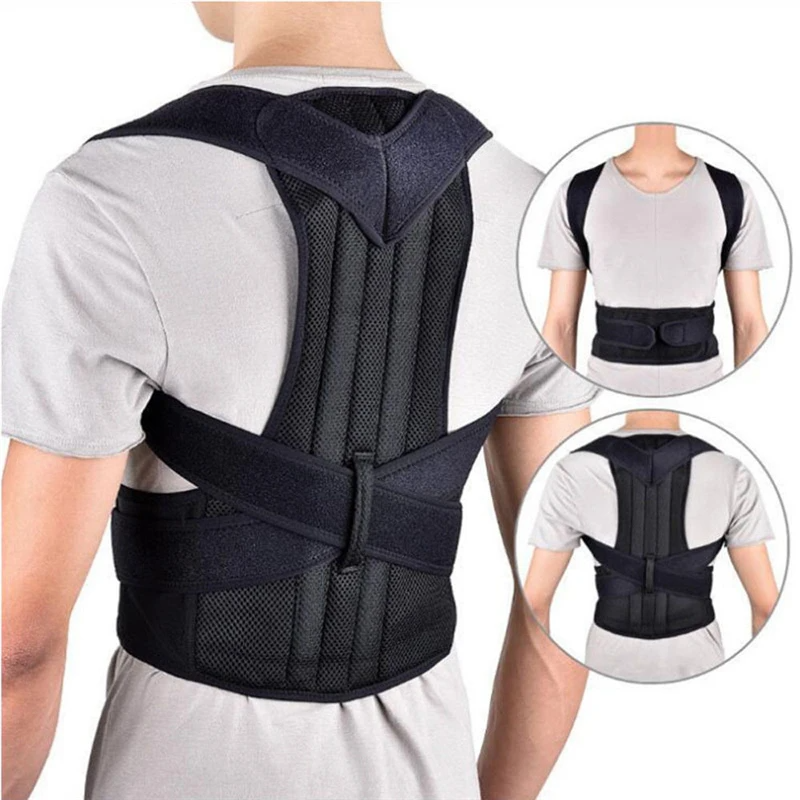 Person wearing a black posture corrector over a gray shirt, shown from the back and front.
