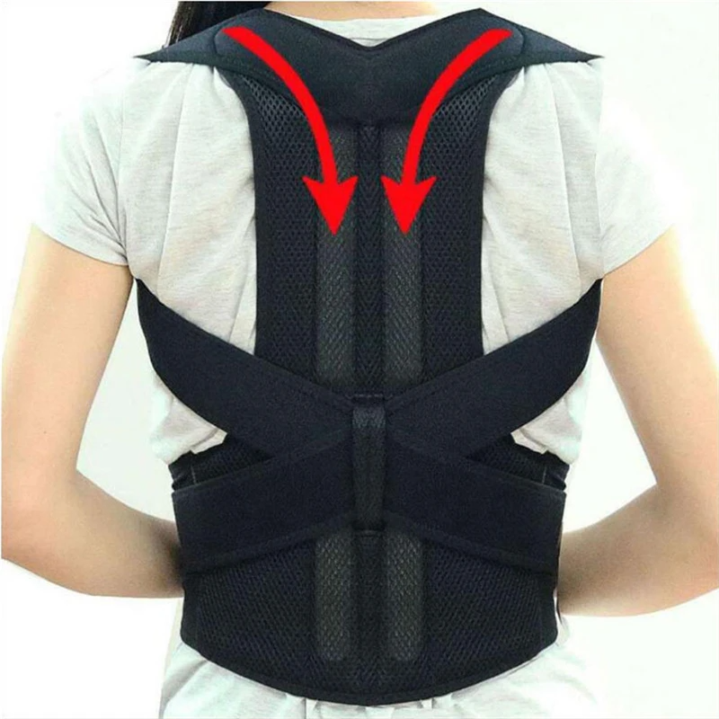 Person wearing a black posture corrector with red arrows indicating spine support areas.