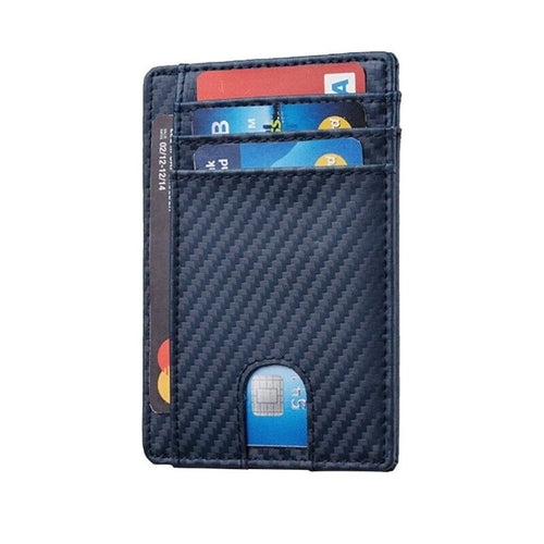 Dark blue textured wallet with credit card slots, showing four visible cards.