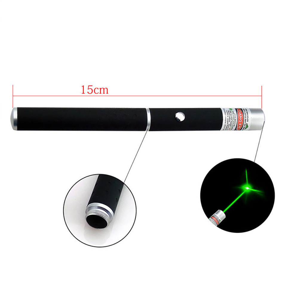 Black laser pointer with silver accents, 15 cm long, emitting a green laser beam.