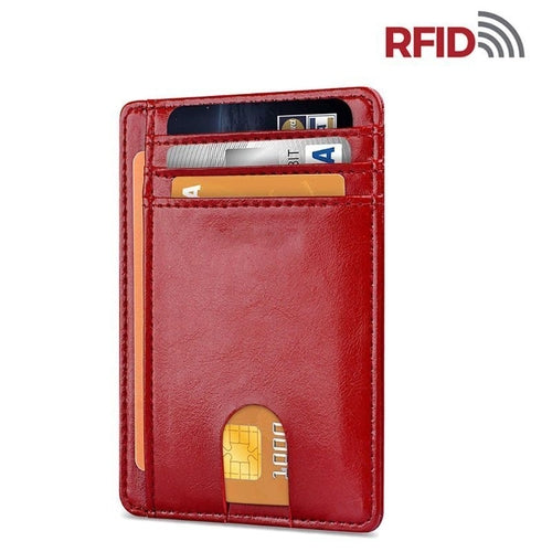 Red leather card holder with cards; RFID logo in top right.