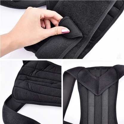 Black posture corrector with adjustable straps and mesh back, shown in close-up and detailed view.