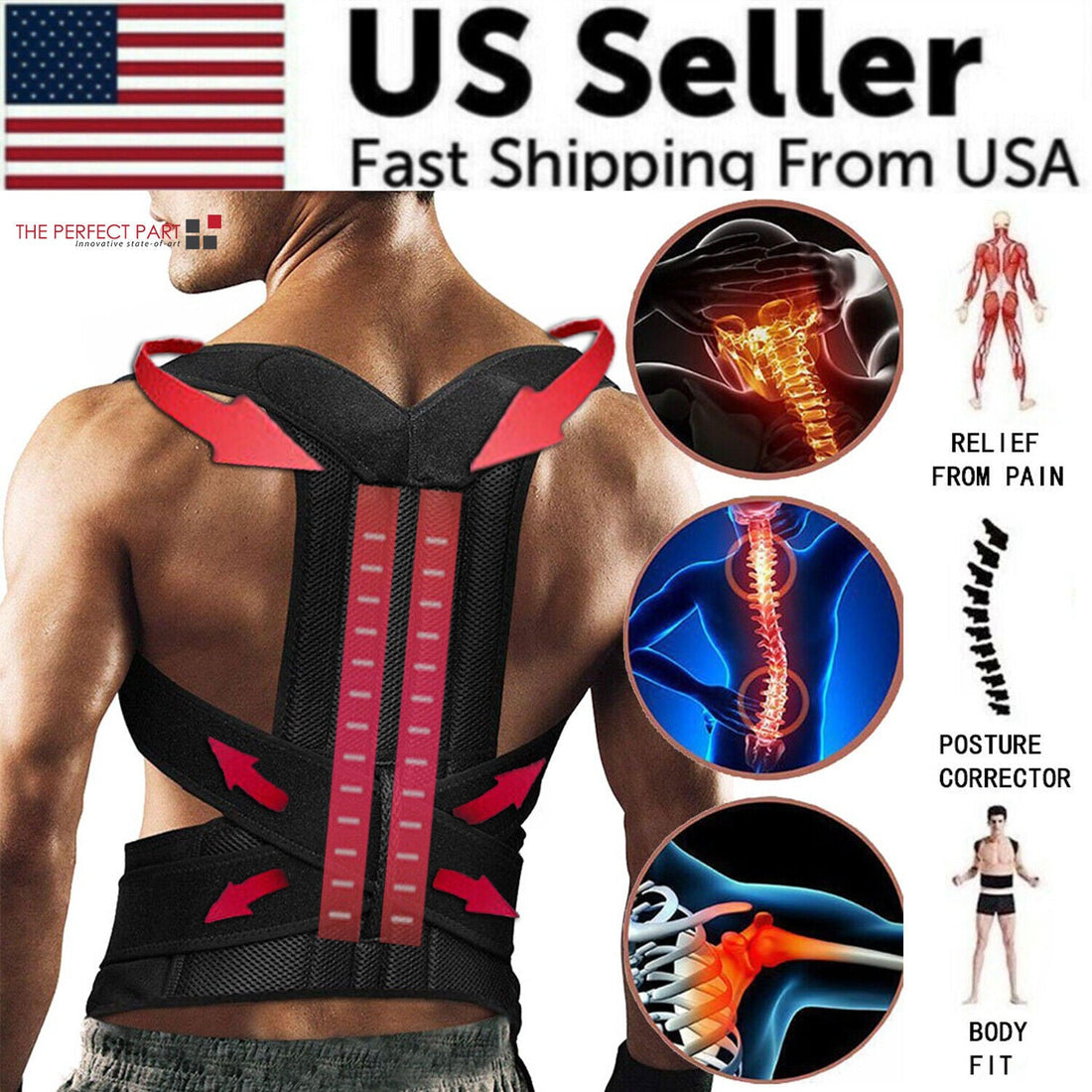 Man wearing a black posture corrector with red arrows, spine and joint pain relief graphics.
