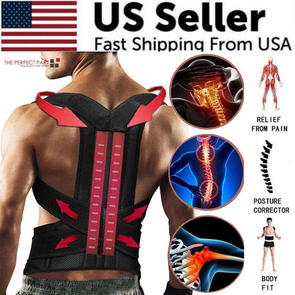 Man wearing a black posture corrector with red arrows, spine and joint pain relief graphics.