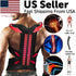 Man wearing a black posture corrector with red arrows, spine and joint pain relief graphics.