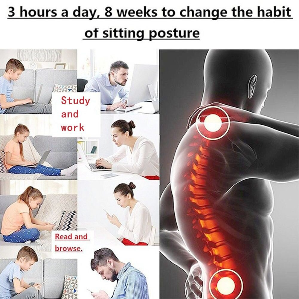 People using devices with poor posture; spine overlay highlights stress points.