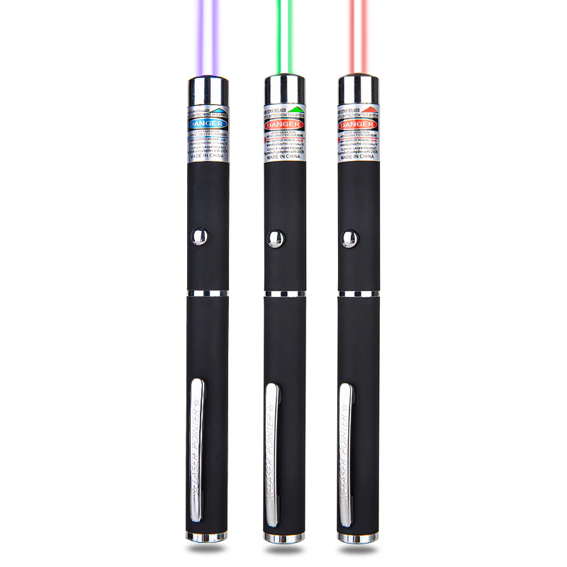 Three black laser pointers emitting purple, green, and red beams, with silver accents and buttons.