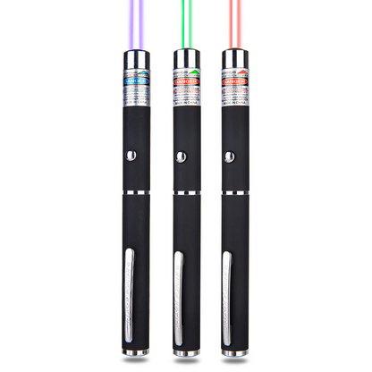 Three black laser pointers emitting purple, green, and red beams, with silver accents and buttons.