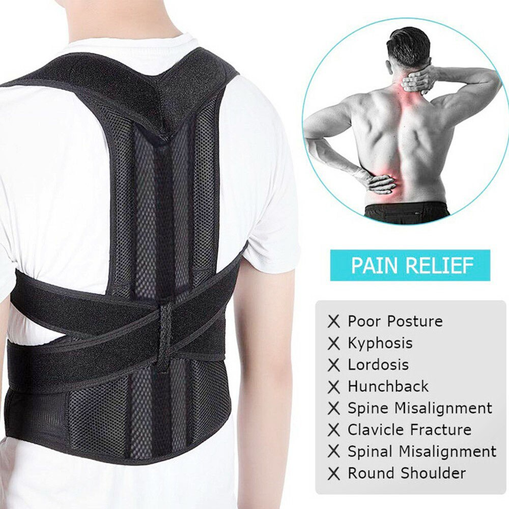 Person wearing a black posture correction brace over a white shirt; text highlights pain relief benefits.
