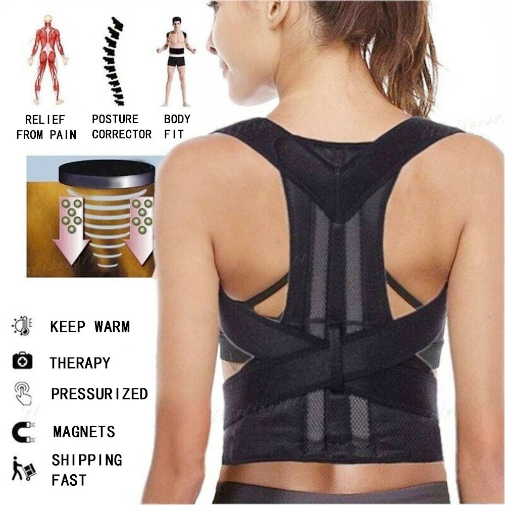 Woman wearing a black posture corrector. Text highlights benefits like pain relief and magnets.