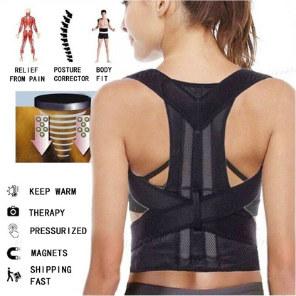 Woman wearing a black posture corrector. Text highlights benefits like pain relief and magnets.