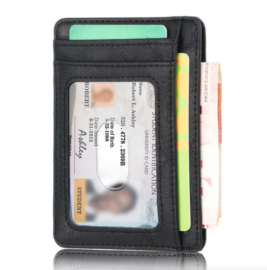 Black wallet with ID card visible, green and orange cards, and paper currency sticking out.
