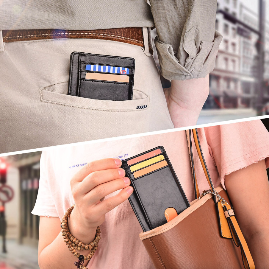 Black cardholder in pants pocket and being placed into a brown handbag, against a street backdrop.