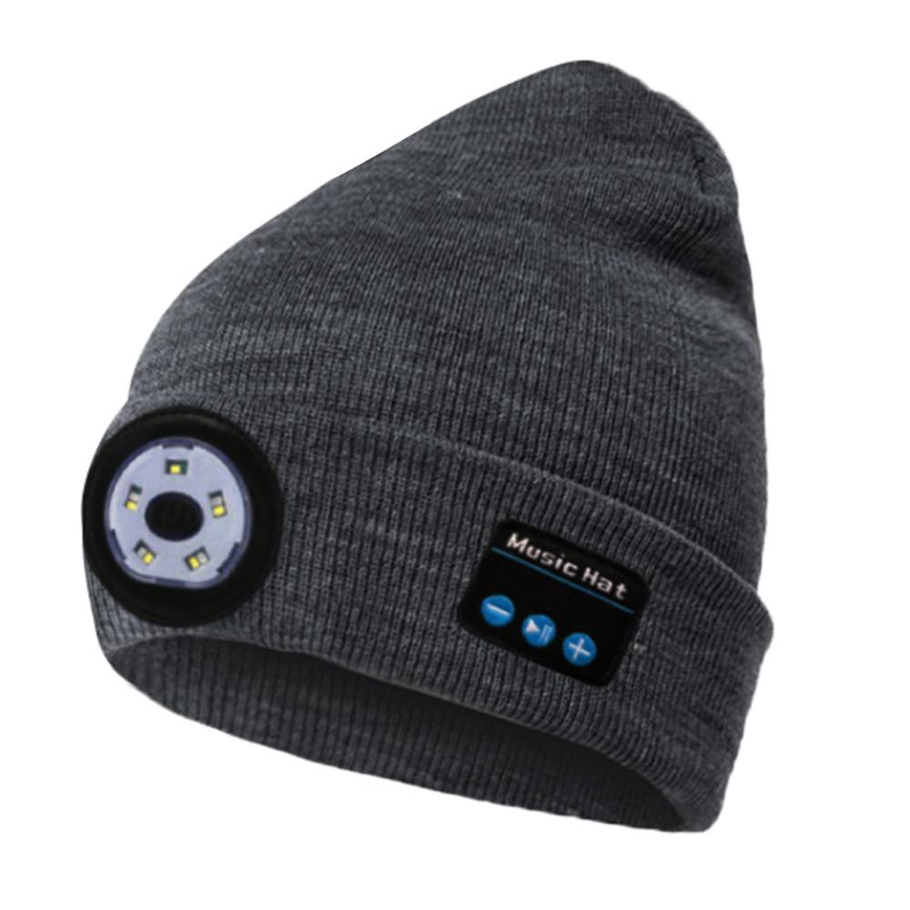 Dark gray beanie with built-in round LED light and black control panel on the brim.