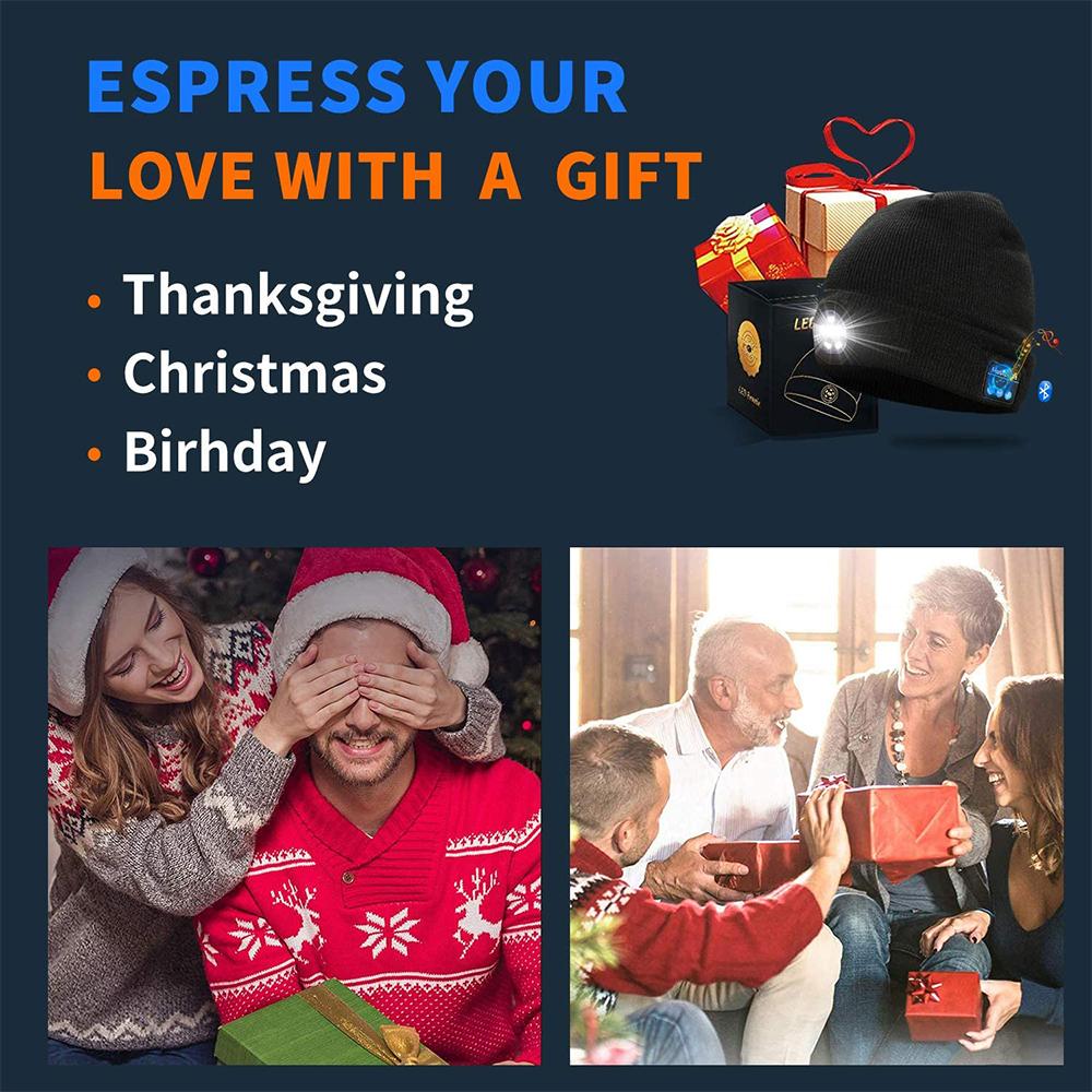 Festive scene with gifts, beanie, and people celebrating in cozy, holiday attire.