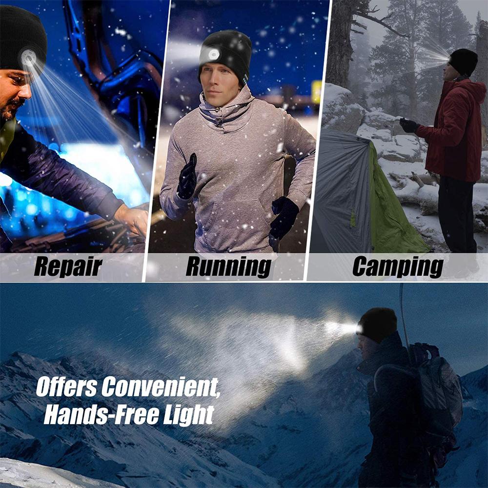 Three scenes of people using headlamp beanies for repair, running, and camping in snowy conditions.