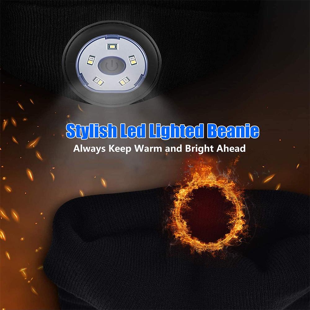 Black beanie with built-in LED light, blue button, and fiery visual effects.
