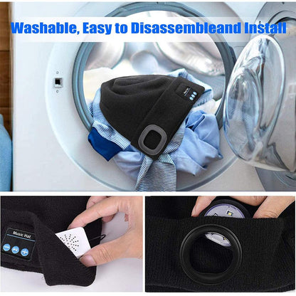 Black beanie with speakers in the wash; close-ups of components being removed and inserted.