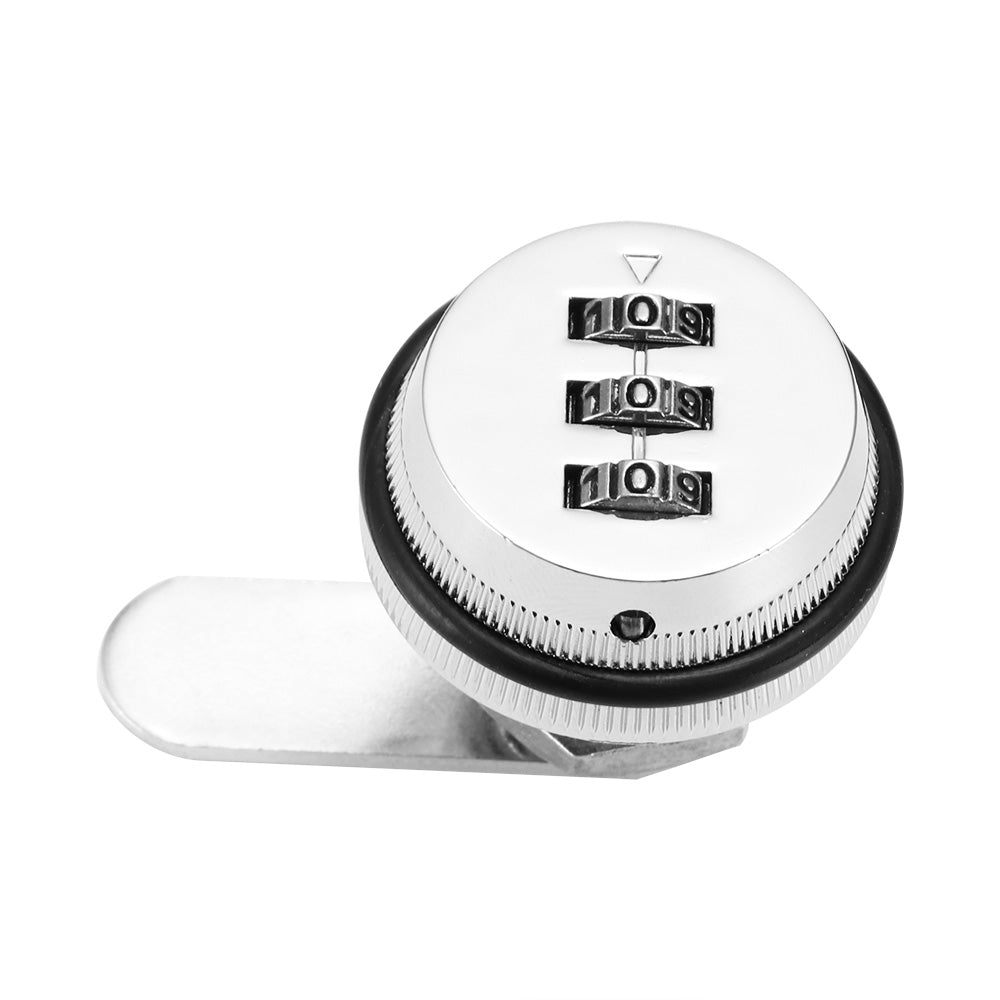 Silver combination lock with three black dials, each set to 1-0-9, on a flat metal latch.
