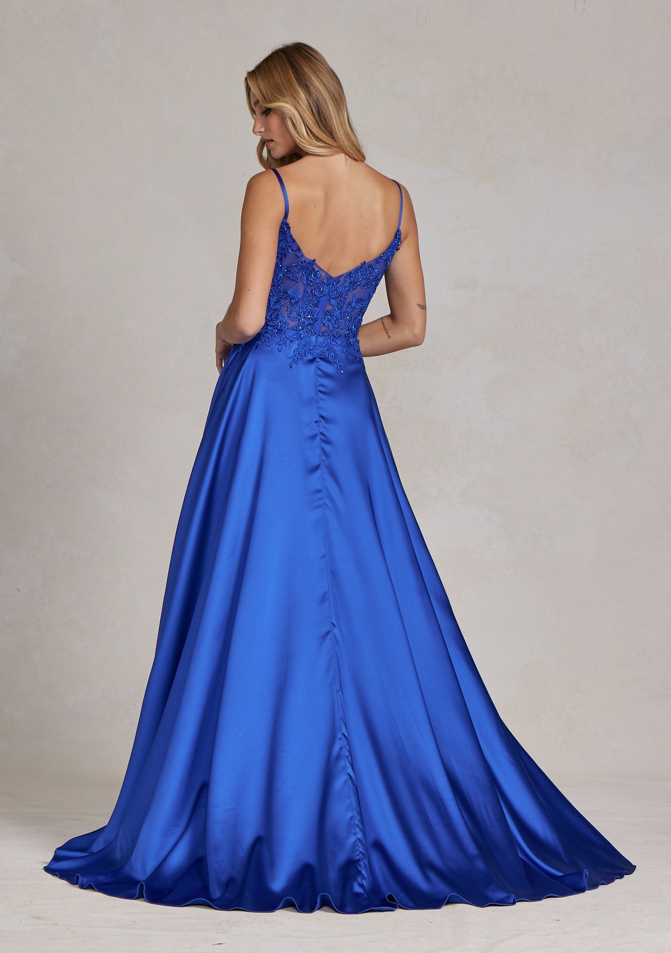 Delicate Lace Embellished A-Line Graduation Satin Gown w/ Side Pockets &amp; Daring Leg Slit NXK1121-4