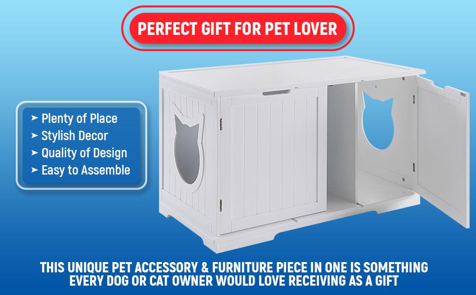 White pet furniture with cat-shaped entrance. Features include stylish design and easy assembly.
