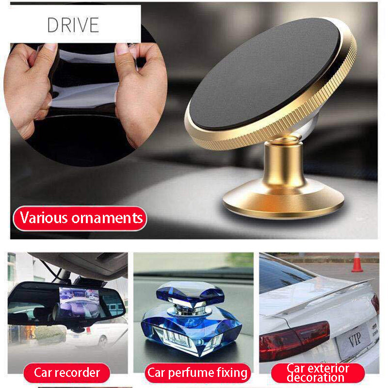 Gold magnetic car mount, hands adjusting, with images of car recorder, perfume, exterior decoration.