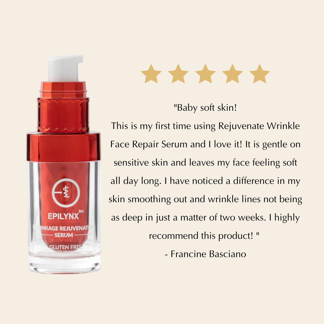 Red skincare serum bottle with text review, five gold stars, and beige background.