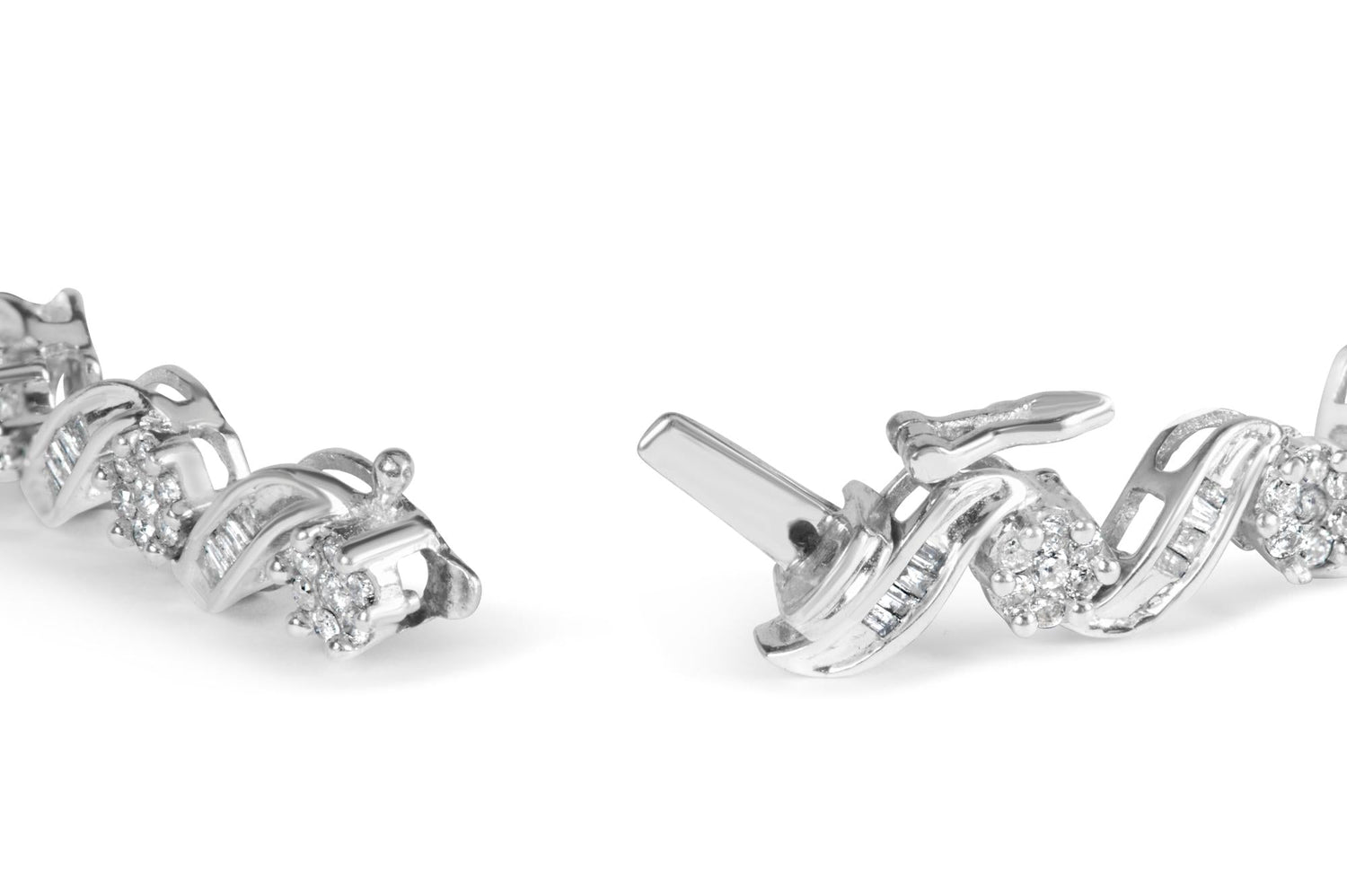 Silver bracelet with sparkling diamond clusters, featuring twisting links on a white background.