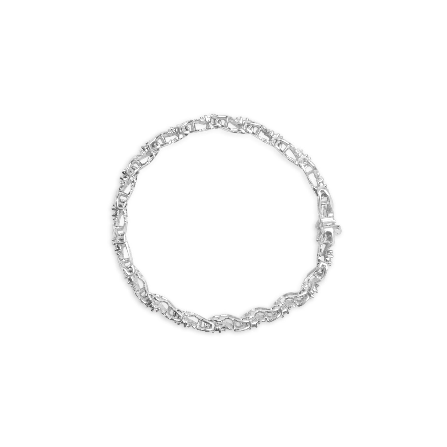 Silver bracelet with intricate chain links in a circular shape on a white background.