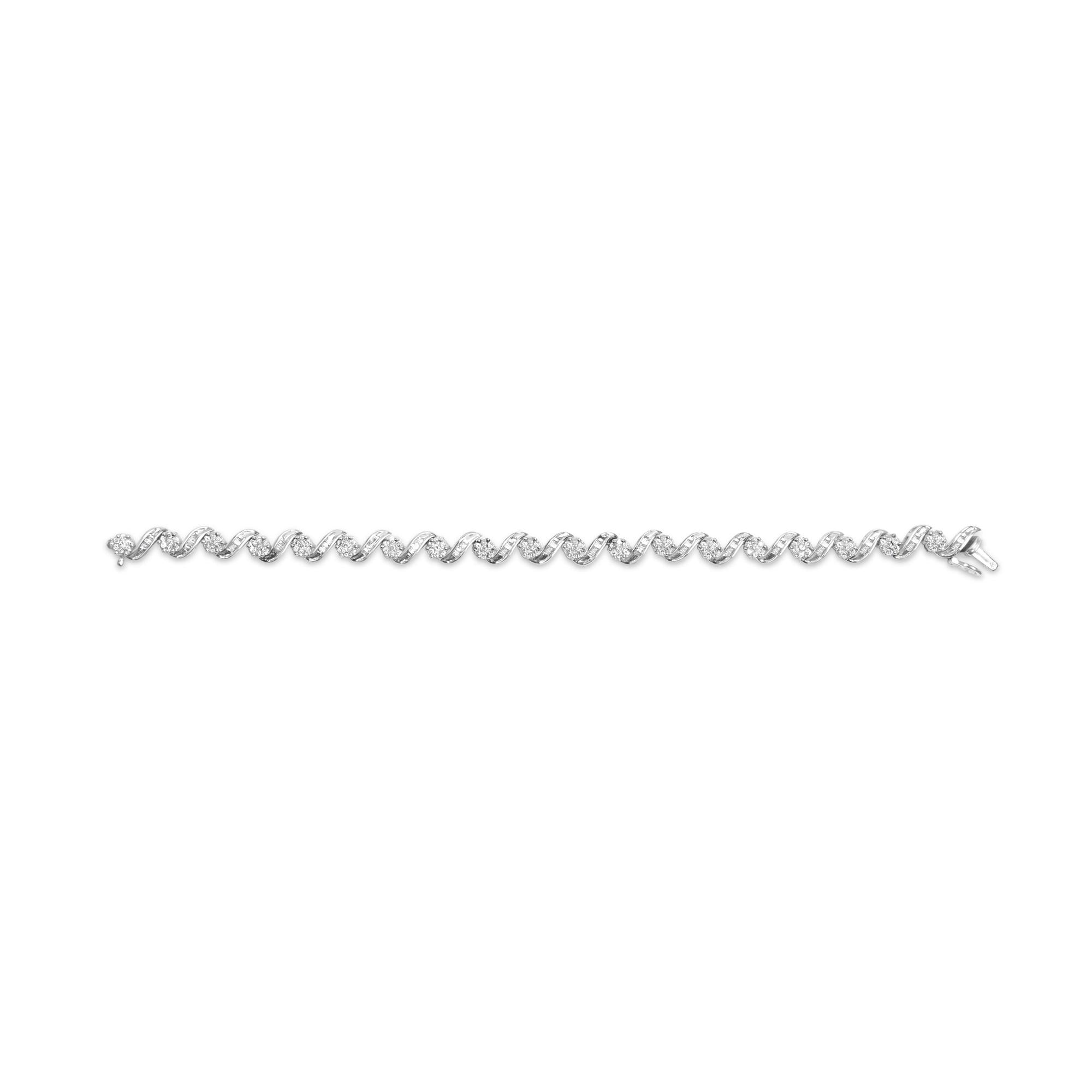 Silver bracelet with a wavy, intertwined design against a white background.