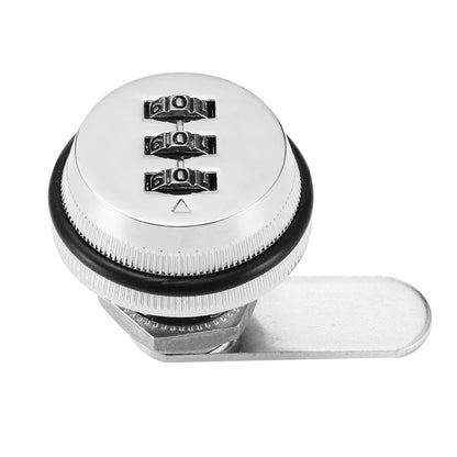 Silver combination cam lock with three dials and a flat lever, against a white background.