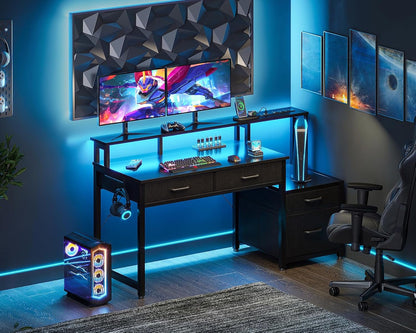 48-Inch Black Gaming Desk With LED Lights And Power Outlets-1