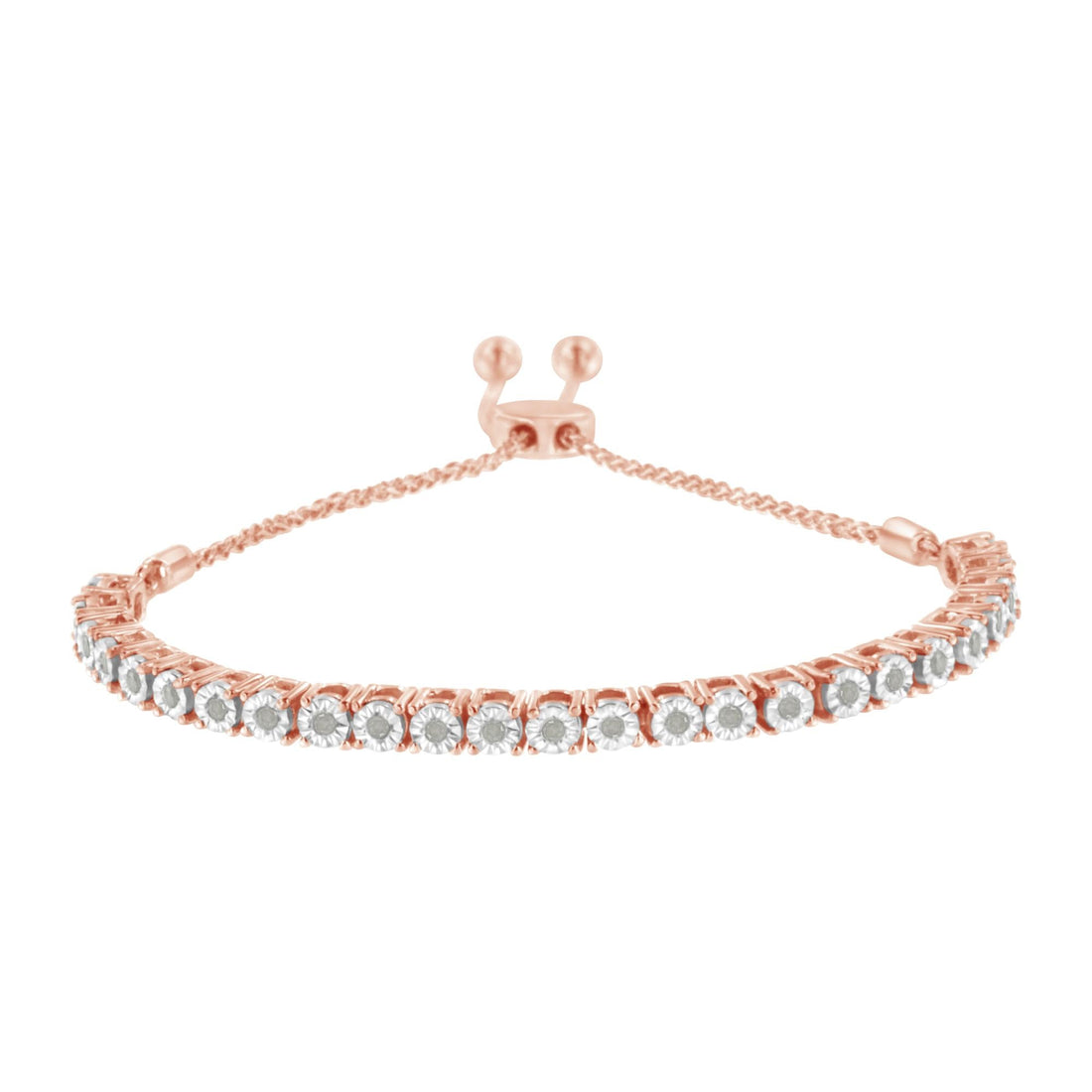 Rose gold bracelet with white stones in a tennis style, featuring an adjustable clasp.