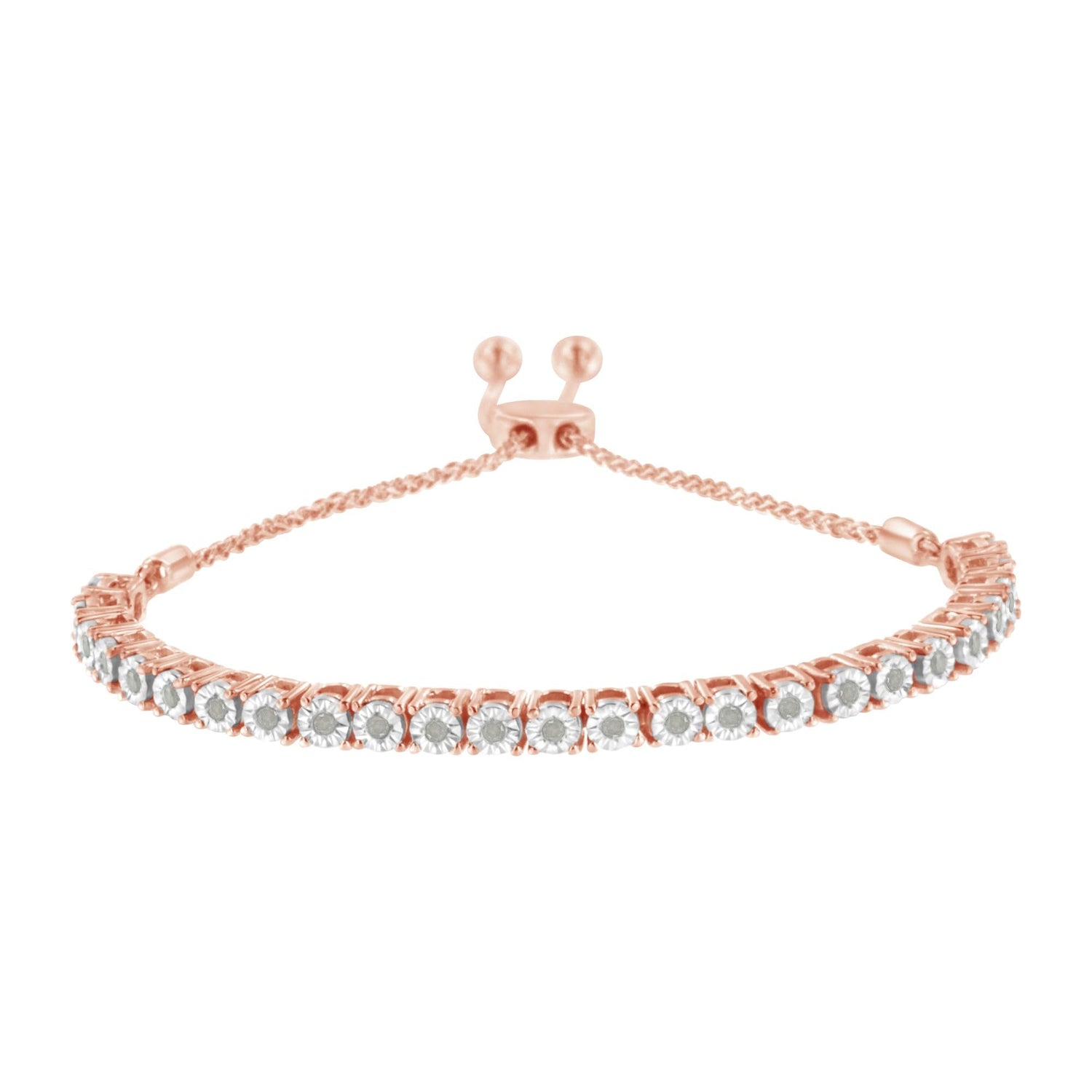 Rose gold bracelet with clear gemstones and an adjustable clasp on a white background.